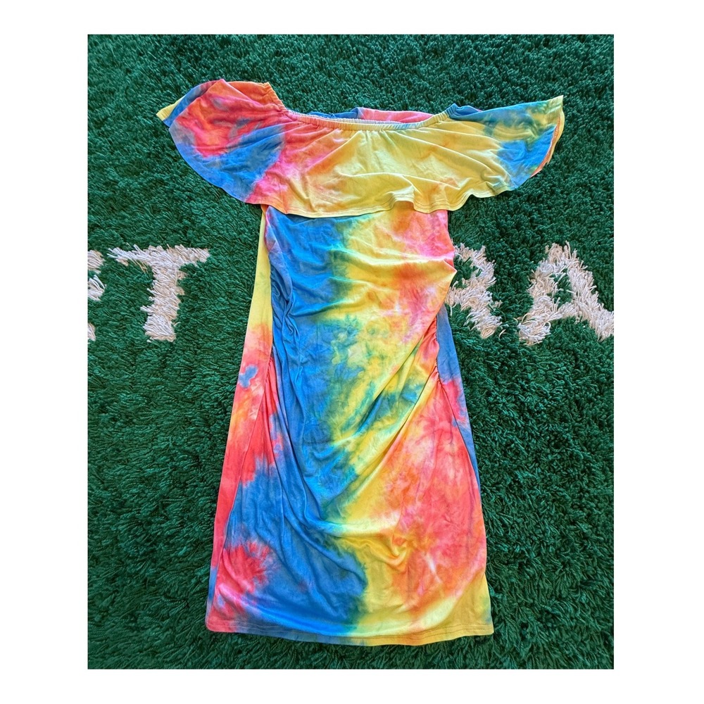 Coolmee Bodycon Dress Womens‎ Small Multicolor New Tie Dye Ruffle Off Shoulder